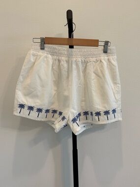 NWT MINKPINK Isadora Shorts Blue Embroidered Palm Trim Med Coastal Beach Summer
